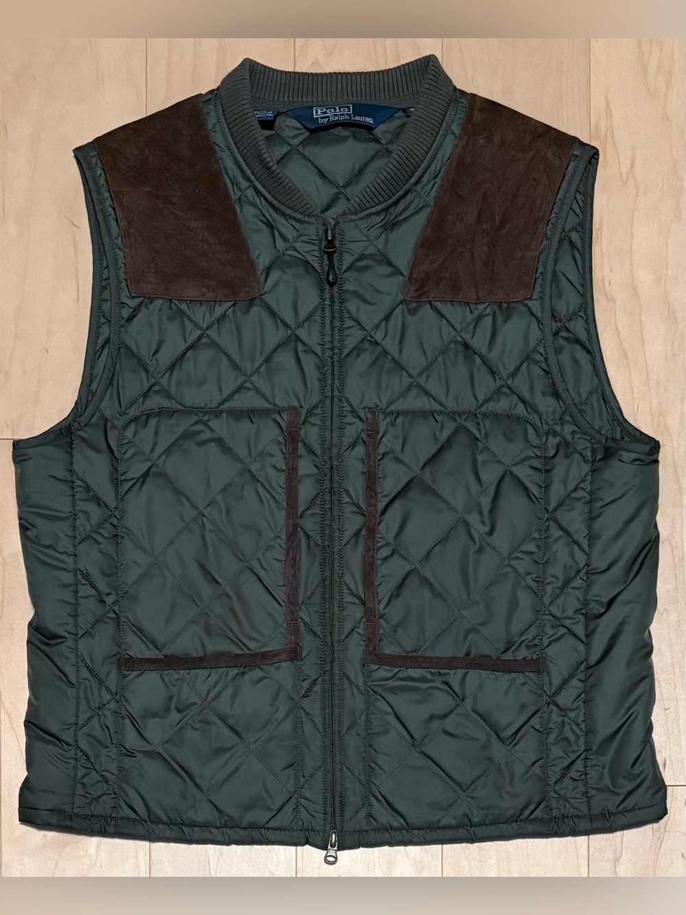 Polo Ralph Lauren Full Zip Quilted Hunting Vest Suede Leather Green Men’s Large